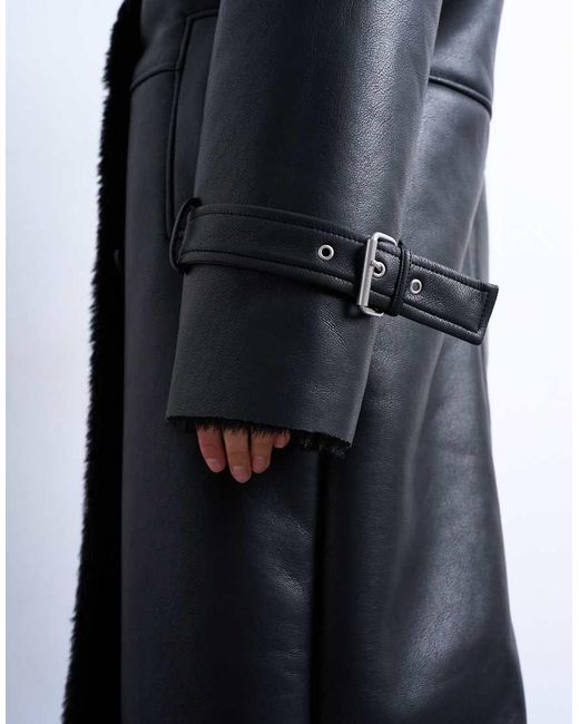 TOPSHOP Black Longline Oversized Aviator Teddy Coat
