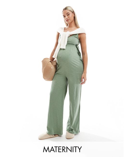 Mama.licious Green Mamalicious Maternity Belted Jersey Jumpsuit With Wide Leg