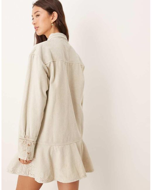 ASOS Natural Washed Cord Embroidered Shirt Mini Dress With Peplum Hem