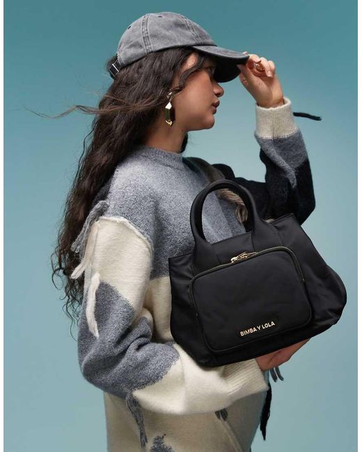 Bimba Y Lola Gray Nylon Grab Handle Bag With Detachable Strap