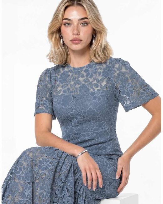 Lovedrobe Blue Floral Lace Angel Sleeve Midaxi Dress