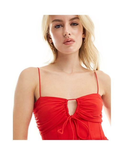 ASOS Red Asos Design Tall Tie Front Cami Midi Dress With Ruched Skirt