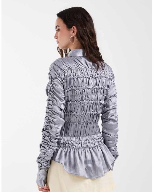 Muse Assembly Blue Crushed Satin Ruched Shirt