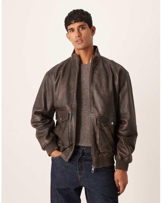 ASOS Brown Real Leather Bomber Vintage Look Jacket for men