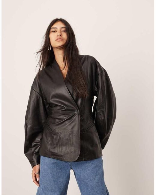 ASOS Black Soft Leather Jacket With Ovoid Sleeve And Cinched Waist