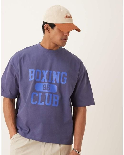 Camiseta Azul De Corte Cuadrado Extragrande Con Estampado "Boxing" En La Espalda De Tejido Grueso De 240 G De ASOS de hombre de color Blue