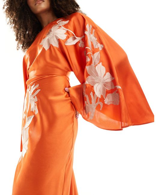 ASOS Orange exaggerated Sleeve Embroidered Satin Bias Cut Maxi Dress