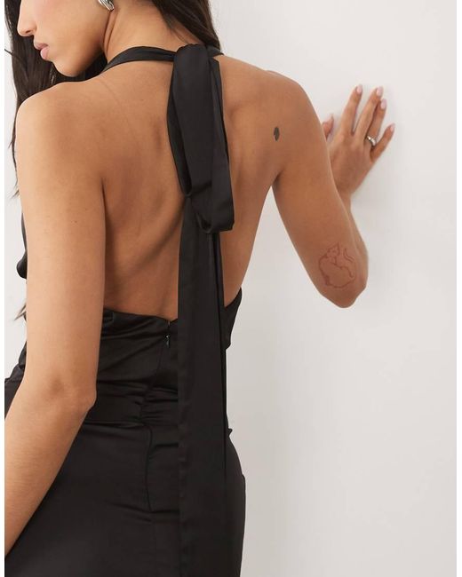 TFNC London Black Satin Halter Neck Cowl Plunge Split Detail Maxi Dress