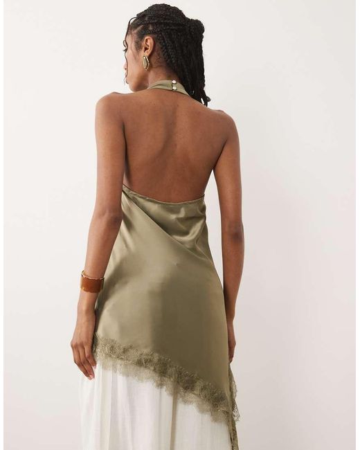 New Look Green Lace Trim Asymmetric Satin Halter Top
