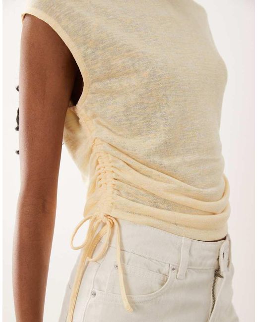 ASOS Natural Sheer Slub Short Sleeve Top With Ruching Detail
