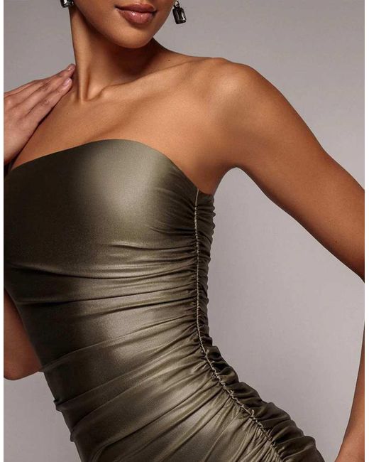 Goddiva Brown Bandeau Faux Leather Midi Dress