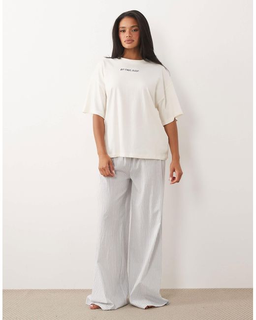 ASOS White "but First, Sleep" Embroidered Oversized Short Sleeve Top & Woven Striped Pants Pajama Set