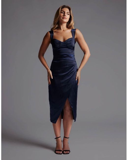 Vesper Blue Sweetheart Neckline Satin Midaxi Dress With Split
