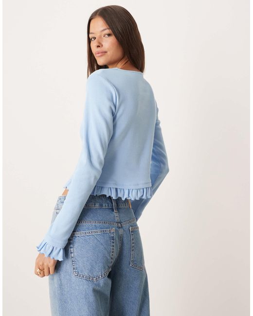 ASOS Blue Mini Rib Frill Hem Button Through Top