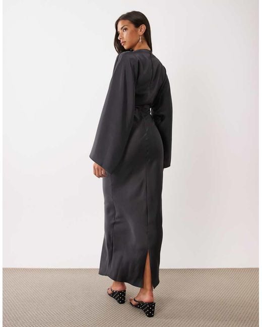 ASOS Black Draped Long Sleeve Cross Front High Neck Satin Maxi Dress