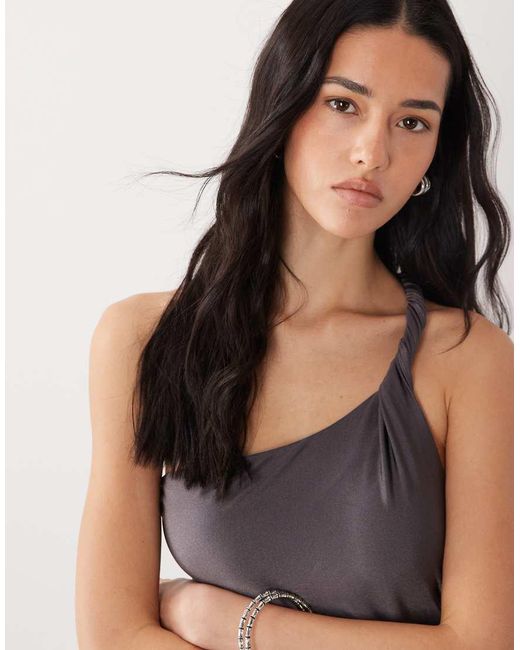 Mango Gray Twist Detail One Shoulder Swimsuit
