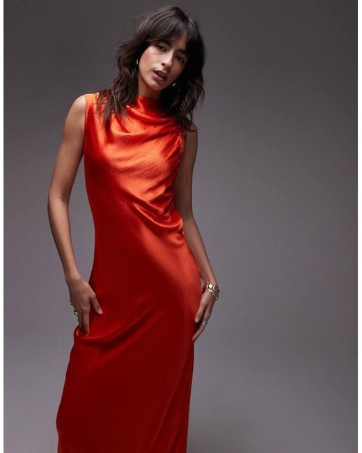 TOPSHOP Red Bias Ruched Arm Hole Maxi Occasion Dress
