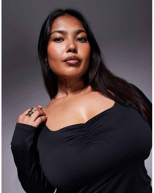 ASOS Black Asos Design Curve Double Layer Long Sleeve Sweetheart Neck Top