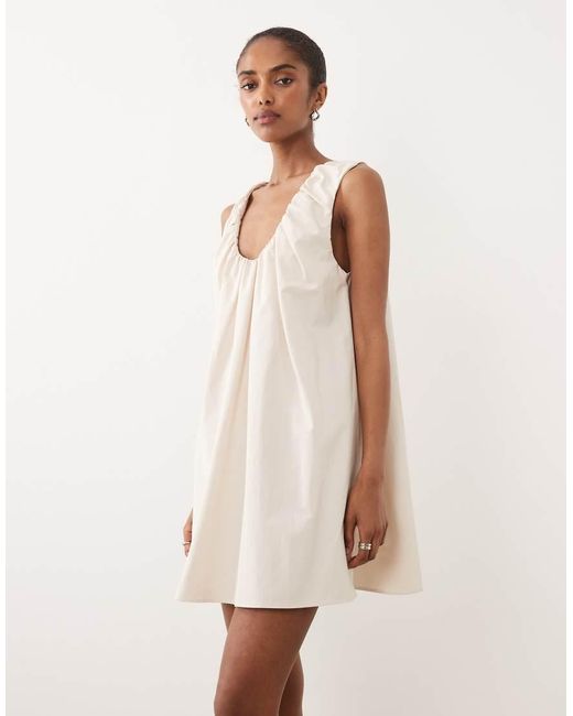 ASOS Natural Ruched Plunge Barrel Mini Dress