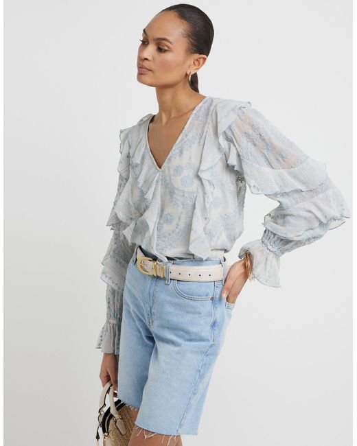 River Island Blue Frill Fluted Cuff Blouse