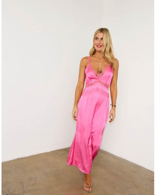 Never Fully Dressed Pink Gianna Lace Insert Satin Midaxi Slip Dress