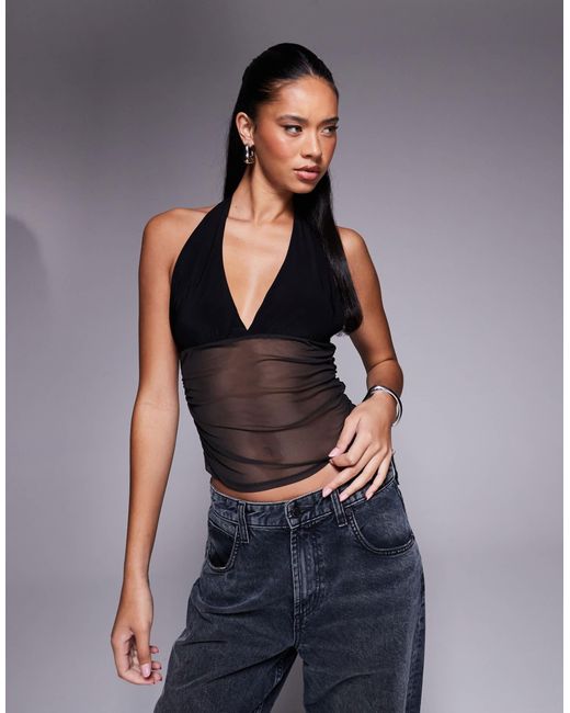 ASOS Blue Slinky Mesh Plunge Halter Top With Ruched Mesh
