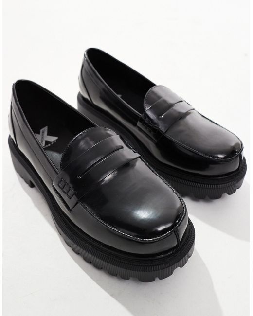 London Rebel Black Wide Fit Cleated Sole Chunky Penny Loafers for men