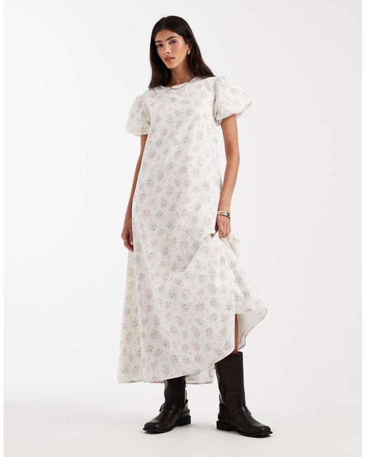 Daisy Street Natural Chuck On Smock Midi Dress With Puff Sleeves