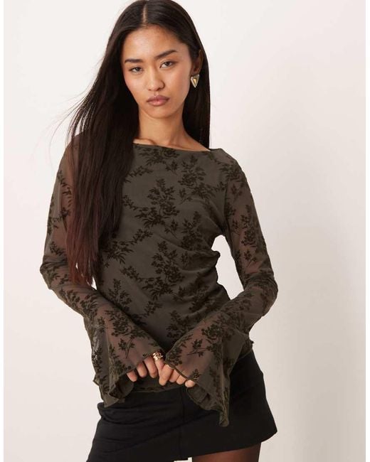 Gina Tricot Brown Floral Flare Long Sleeve Top