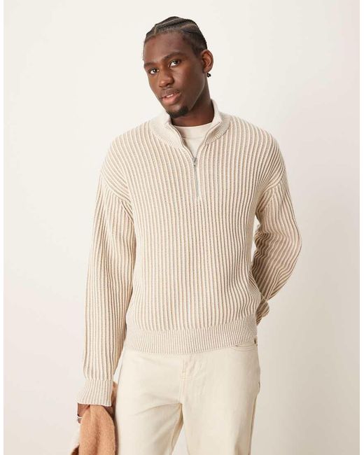 Abercrombie & Fitch Oversized Gebreide Trui Met Korte Rits En Gestreepte Stiksels in het Natural voor heren