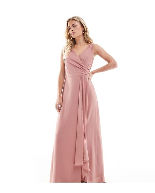TFNC London Pink Bridesmaid Chiffon Wrap Front Maxi Dress With Wrap Skirt