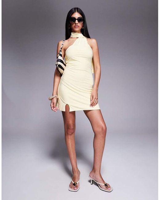 Fashionkilla Yellow Exclusive Slinky Double Sculpted Halterneck Scarf Detail Mini Dress