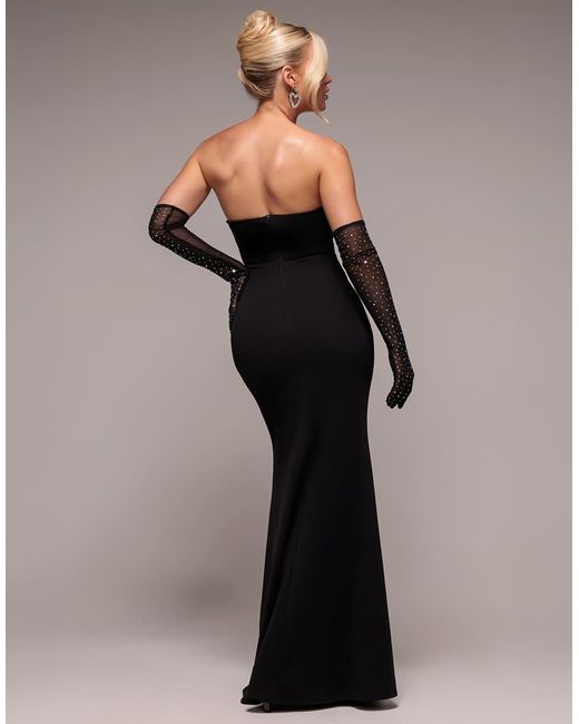 Goddiva Black Strapless Super Plunge Diamante Neck Maxi Dress