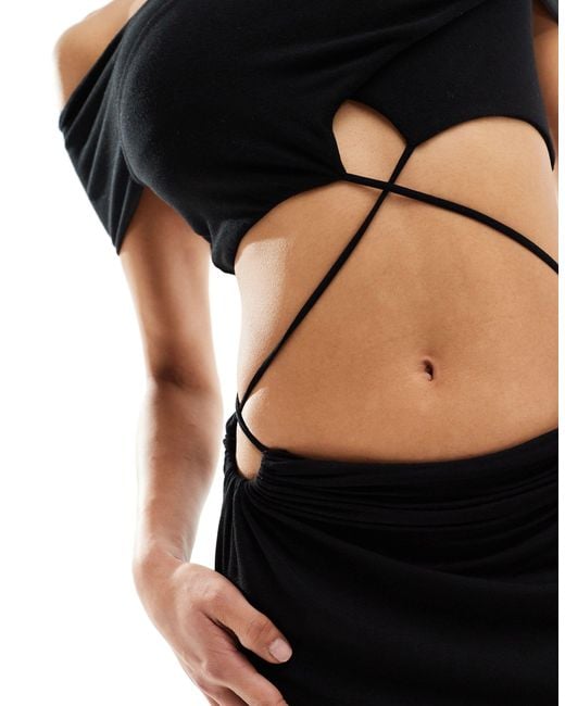 ASOS Black Bardot Cut Out Maxi Dress With Strap Detail