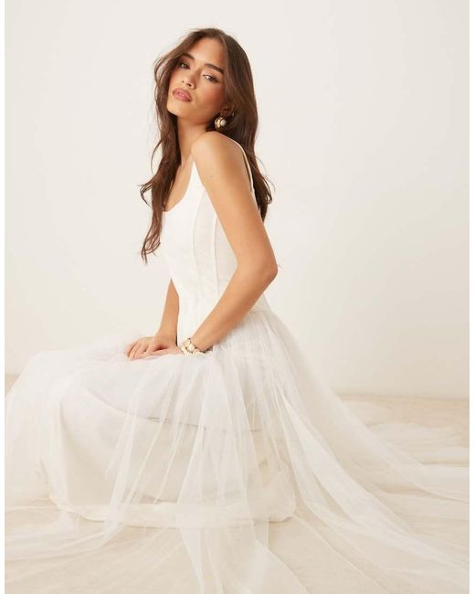 LACE & BEADS Natural Corset Tulle Drop Hem Maxi Dress