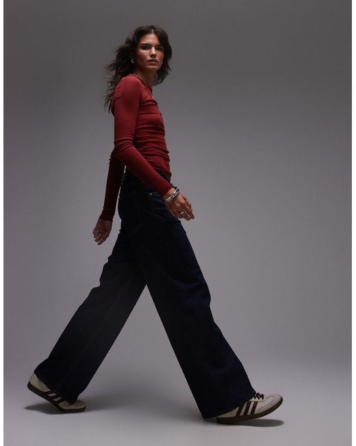 ARKET Red Merino Wool Knitted Rib Long Sleeve Top With Scoop Neck