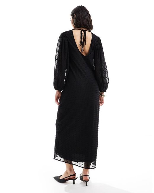 ASOS Black Dobby Balloon Sleeve Midi Dress