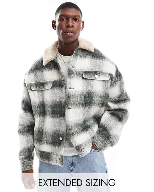 ASOS Oversized Harrington Jack Met Wollook, Groene Ruitprint En Borgkraag in het Gray voor heren