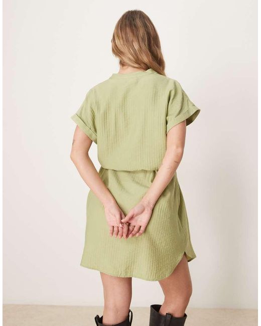 Vila Green Short Sleeve Tie Waist Notch Neck Mini Dress