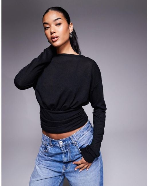 ASOS Blue Knit-look Asymmetric One Shoulder Long Sleeve Top With Cinch Waist Detail