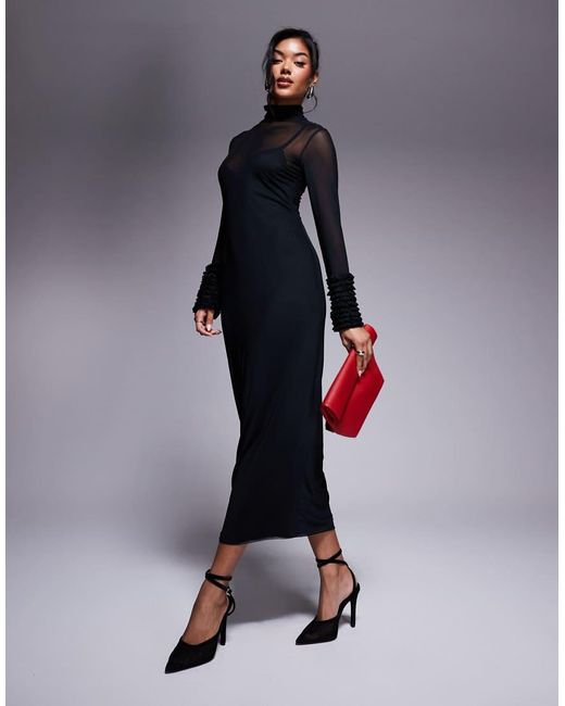 AFRM Blue Ariel Mesh Maxi Dress With Ruffle Sleeve Detail