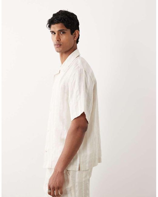 Mango White Linen Blend Short Sleeve Striped Shirt for men