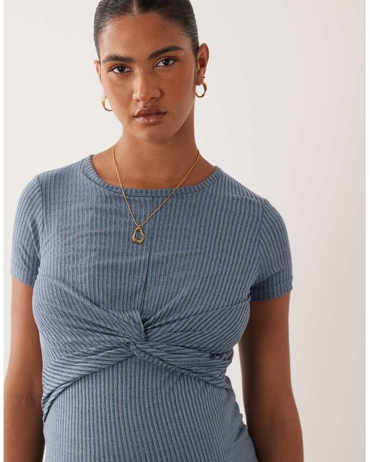 Mama.licious Blue Mamalicious Maternity Short Sleeve Knot Front Midi Dress With Nursing Function