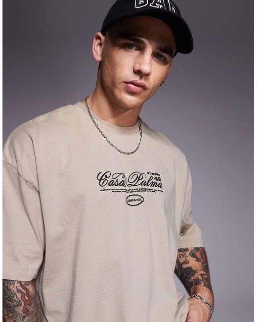 T-Shirt Oversize Squadrata Chiaro Con Stampa Sul Davanti E Sul Retro di ASOS in Gray da Uomo