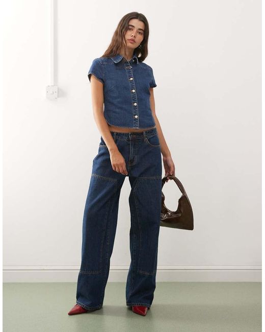 Lioness Blue Anchor Contrast Stitch Panel Detail Wide Leg Jeans