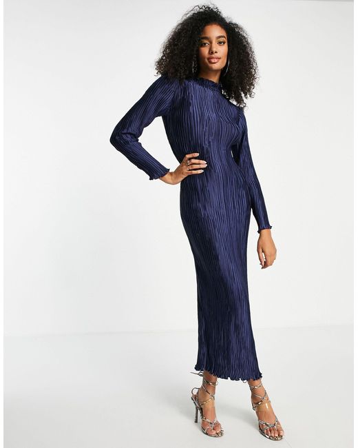 Long Sleeve Satin Plisse Maxi Dress 