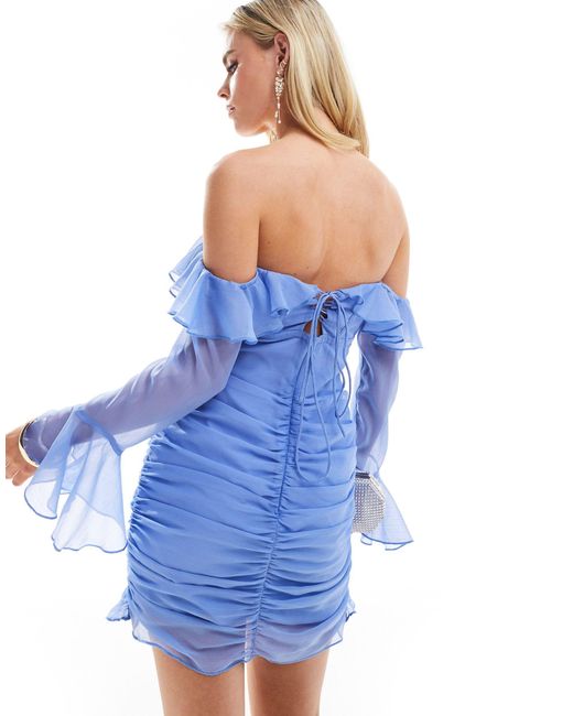 ASOS Blue Petite Corset Bust Detail Bardot Mini Dress With Ruched Skirt
