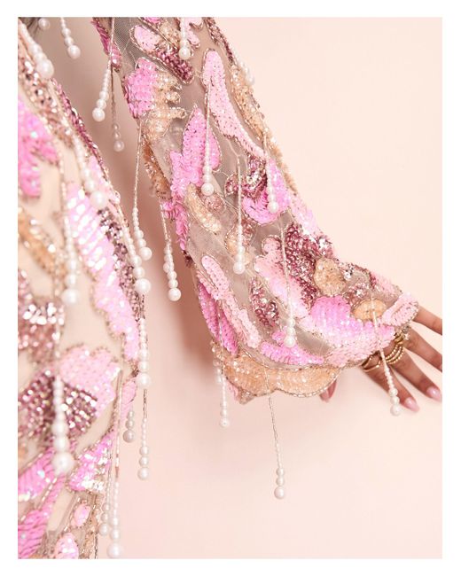 ASOS Pink Encrusted Embellished Mesh Sheer Mini Dress