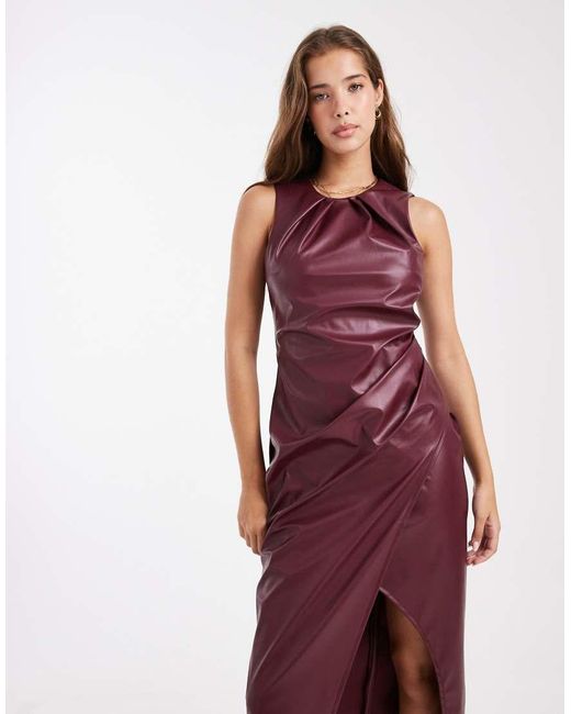 New Look Red Pu Ruched Wrap Midi Dress