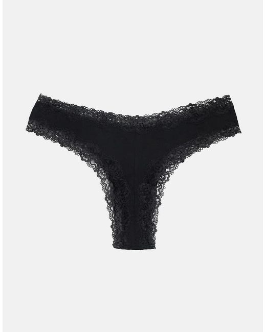 ASOS Black Asos Design 3 Pack Cotton & Lace Trim High Rise Malibu Thong